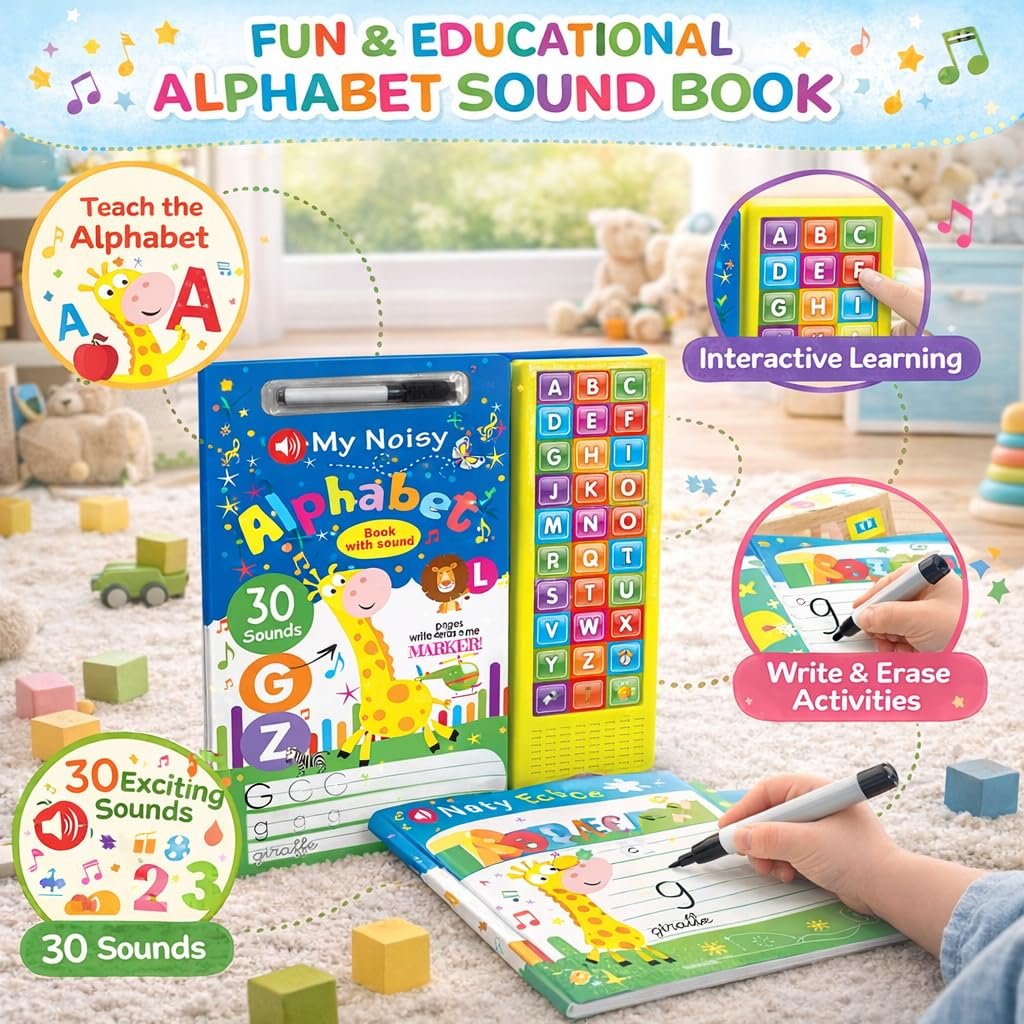 Braintastic My Noisy Alphabet Book with Sound & Write-Erase Marker – ABC Learning Sound Book for Kids | 30 Sounds Educational Toy | Interactive Early Learning Book for Toddlers & Preschool Children