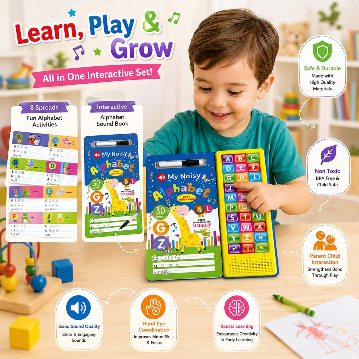 Braintastic My Noisy Alphabet Book with Sound & Write-Erase Marker – ABC Learning Sound Book for Kids | 30 Sounds Educational Toy | Interactive Early Learning Book for Toddlers & Preschool Children