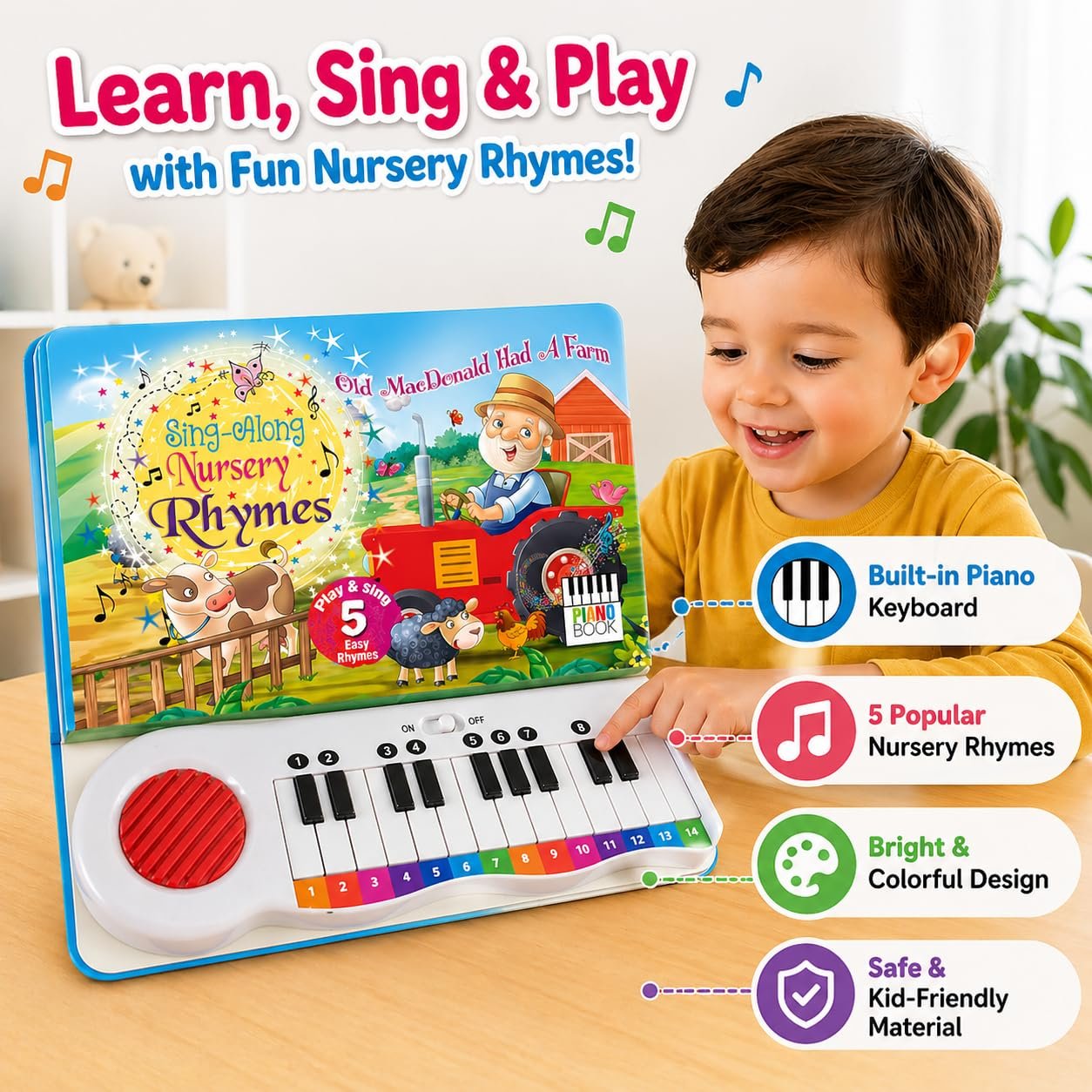 Braintastic Sing-Along Nursery Rhymes Piano Book for Kids – Musical Sound Book with Keyboard | 5 Play & Sing Easy Rhymes | Interactive Educational Toy for Toddlers & Preschool Children-Sky Blue