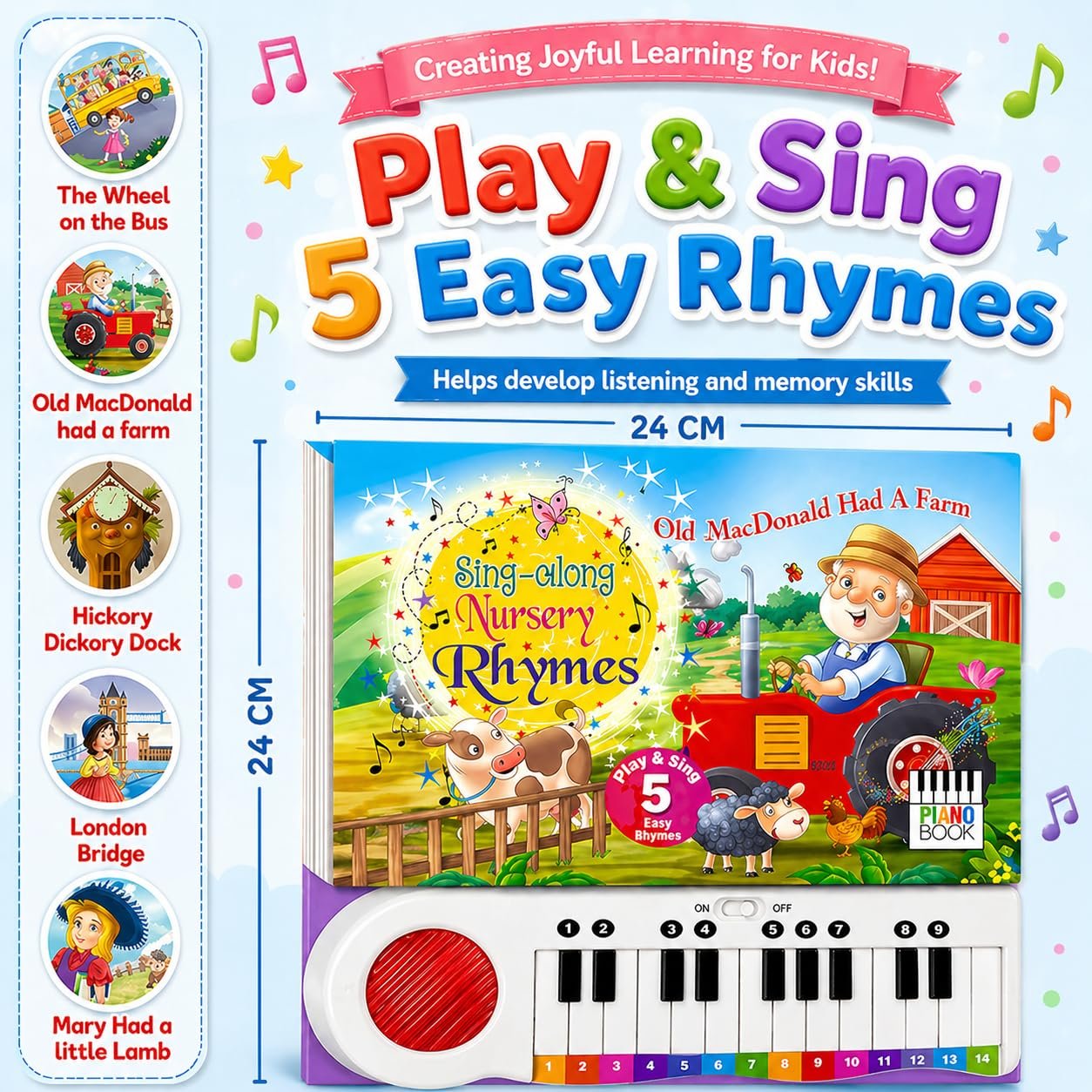 Braintastic Sing-Along Nursery Rhymes Piano Book for Kids – Musical Sound Book with Keyboard | 5 Play & Sing Easy Rhymes | Interactive Educational Toy for Toddlers & Preschool Children-Sky Blue