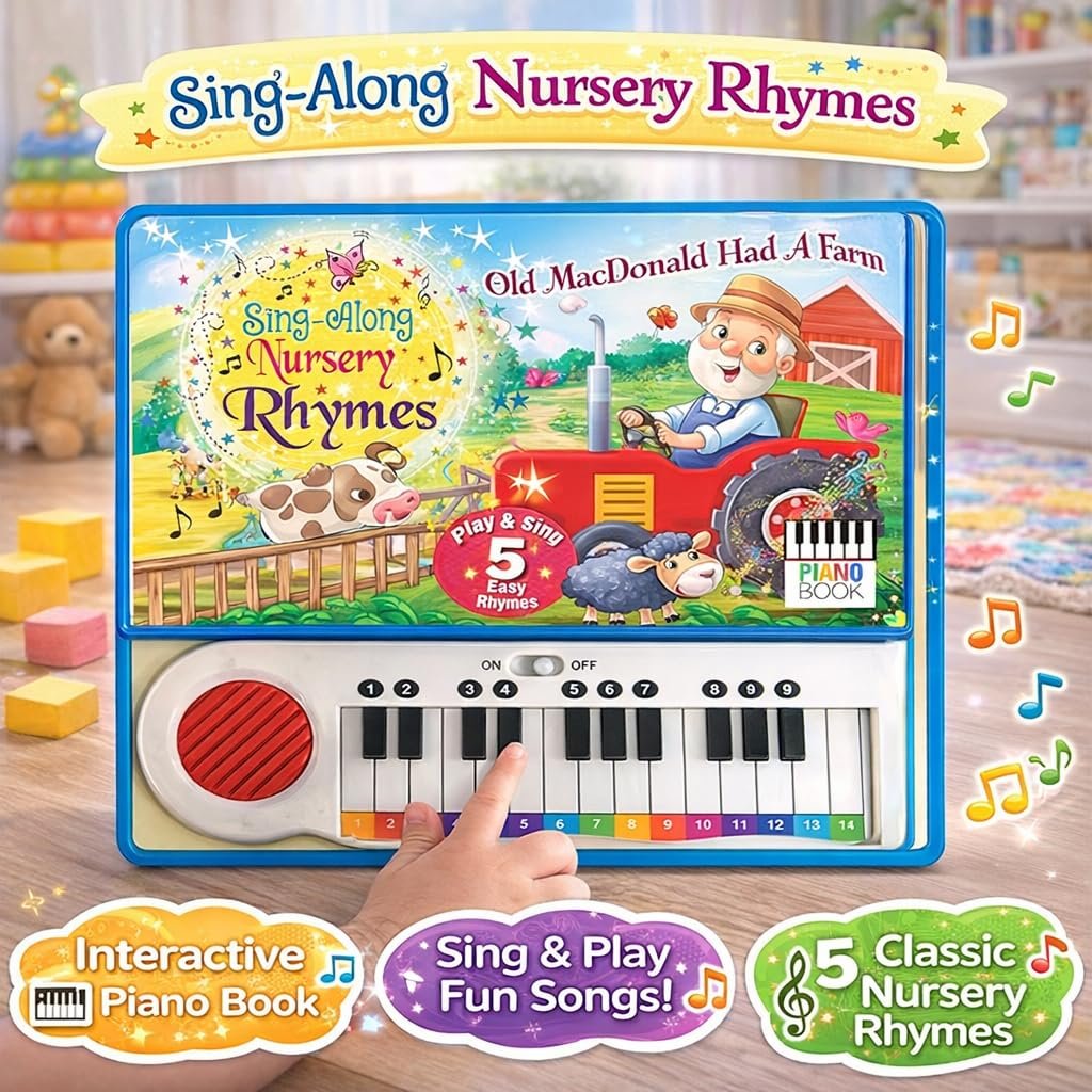 Braintastic Sing-Along Nursery Rhymes Piano Book for Kids – Musical Sound Book with Keyboard | 5 Play & Sing Easy Rhymes | Interactive Educational Toy for Toddlers & Preschool Children-Sky Blue