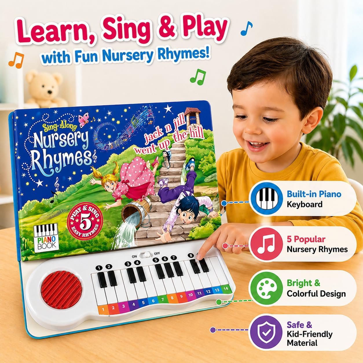 Braintastic Sing-Along Nursery Rhymes Piano Book for Kids – Musical Sound Book with Keyboard | 5 Play & Sing Easy Rhymes | Interactive Educational Toy for Toddlers & Preschool Children-Dark Blue