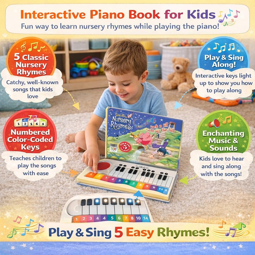 Braintastic Sing-Along Nursery Rhymes Piano Book for Kids – Musical Sound Book with Keyboard | 5 Play & Sing Easy Rhymes | Interactive Educational Toy for Toddlers & Preschool Children-Dark Blue