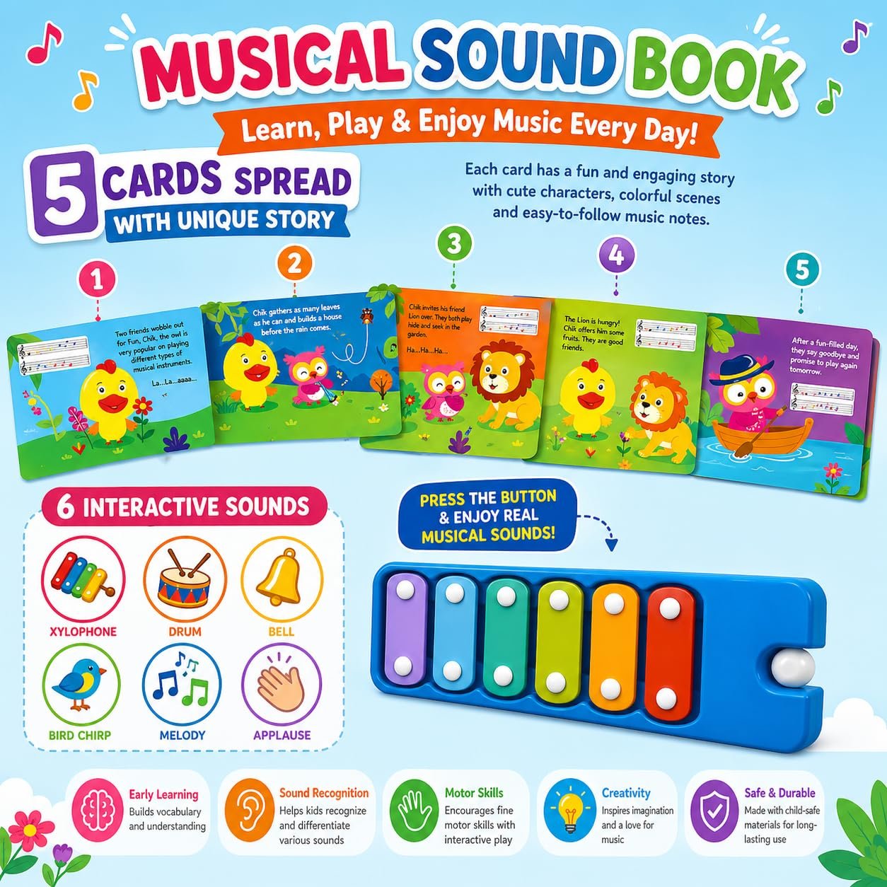 Braintastic I Love Music Xylophone Sound Book for Kids – Musical Learning Toy with Colorful Xylophone Keys | Interactive Educational Music Book for Toddlers & Preschool Children