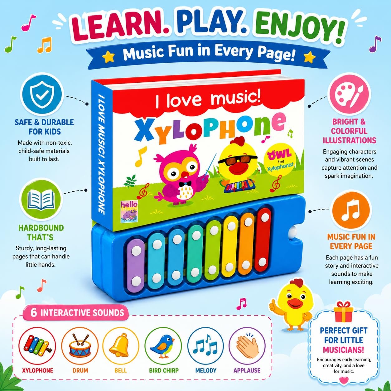 Braintastic I Love Music Xylophone Sound Book for Kids – Musical Learning Toy with Colorful Xylophone Keys | Interactive Educational Music Book for Toddlers & Preschool Children