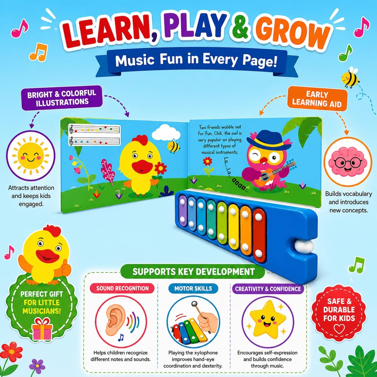 Braintastic I Love Music Xylophone Sound Book for Kids – Musical Learning Toy with Colorful Xylophone Keys | Interactive Educational Music Book for Toddlers & Preschool Children