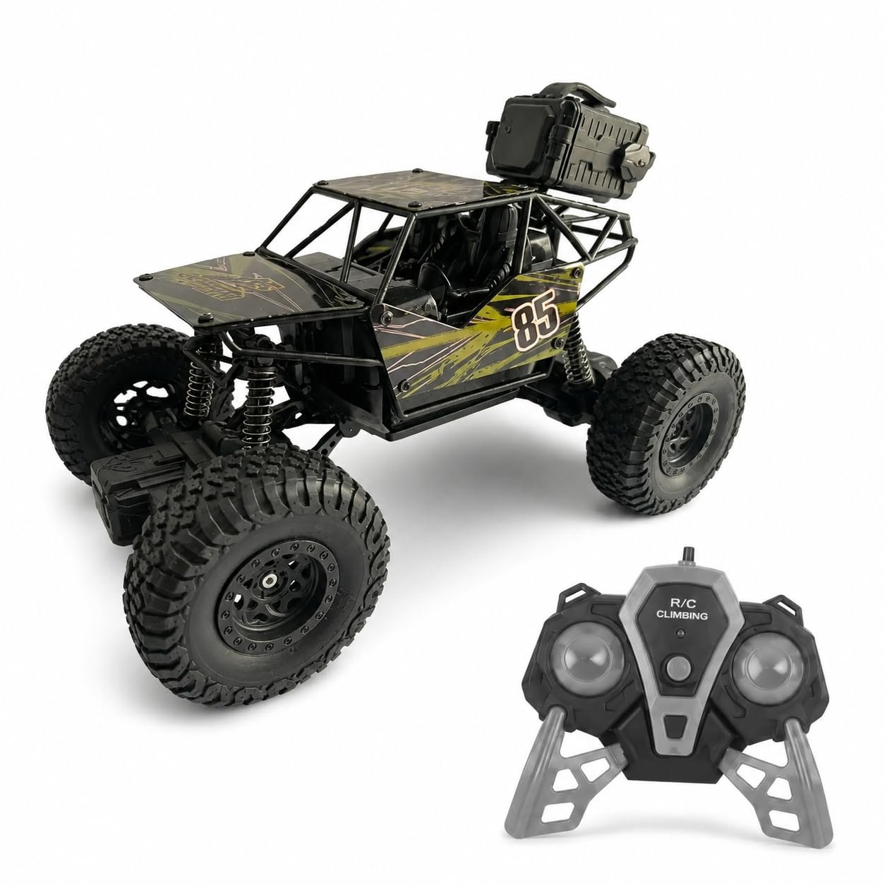 Braintastic Rechargeable Remote Control Rock Crawler Car with Mist Smoke,Monster Truck with Spray for Kids, RC High Speed 4x4 Off-Road Car (Printed)