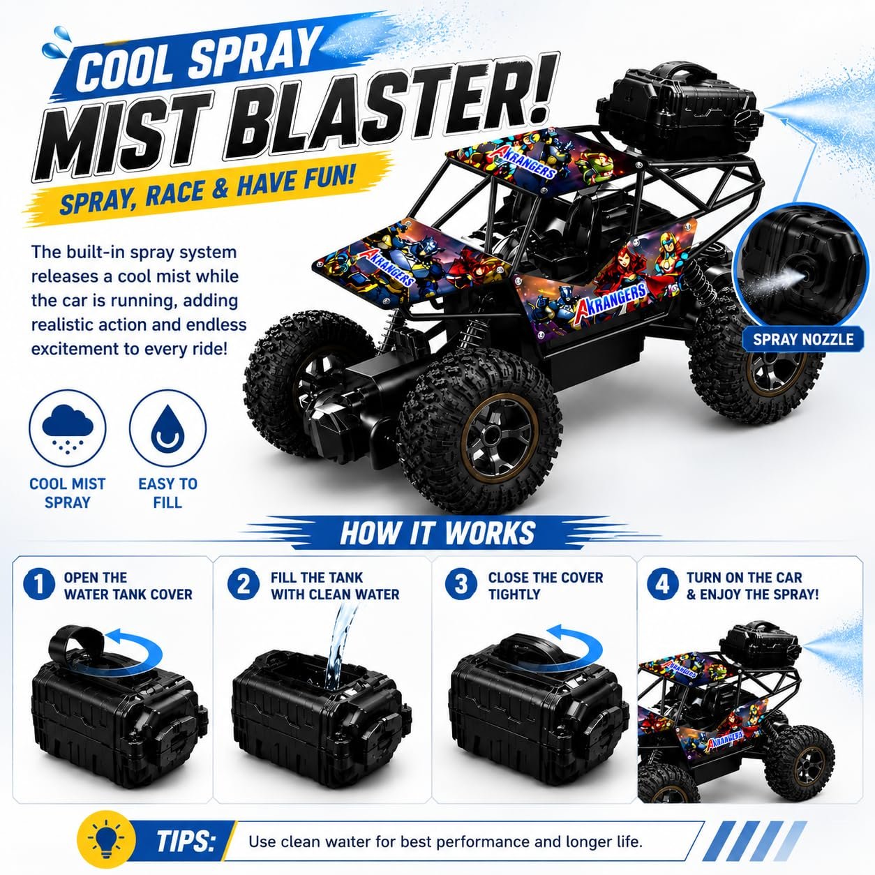 Braintastic Rechargeable Remote Control Rock Crawler Car with Mist Smoke,Monster Truck with Spray for Kids, RC High Speed 4x4 Off-Road Car (Printed)