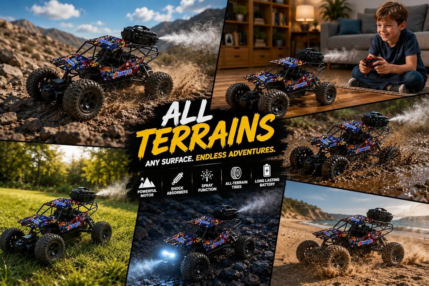 Braintastic Rechargeable Remote Control Rock Crawler Car with Mist Smoke,Monster Truck with Spray for Kids, RC High Speed 4x4 Off-Road Car (Printed)