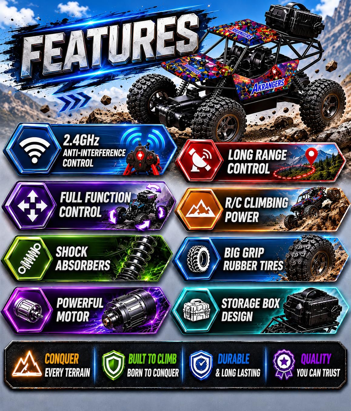 Braintastic Rechargeable Remote Control Rock Crawler Car with Mist Smoke,Monster Truck with Spray for Kids, RC High Speed 4x4 Off-Road Car (Printed)