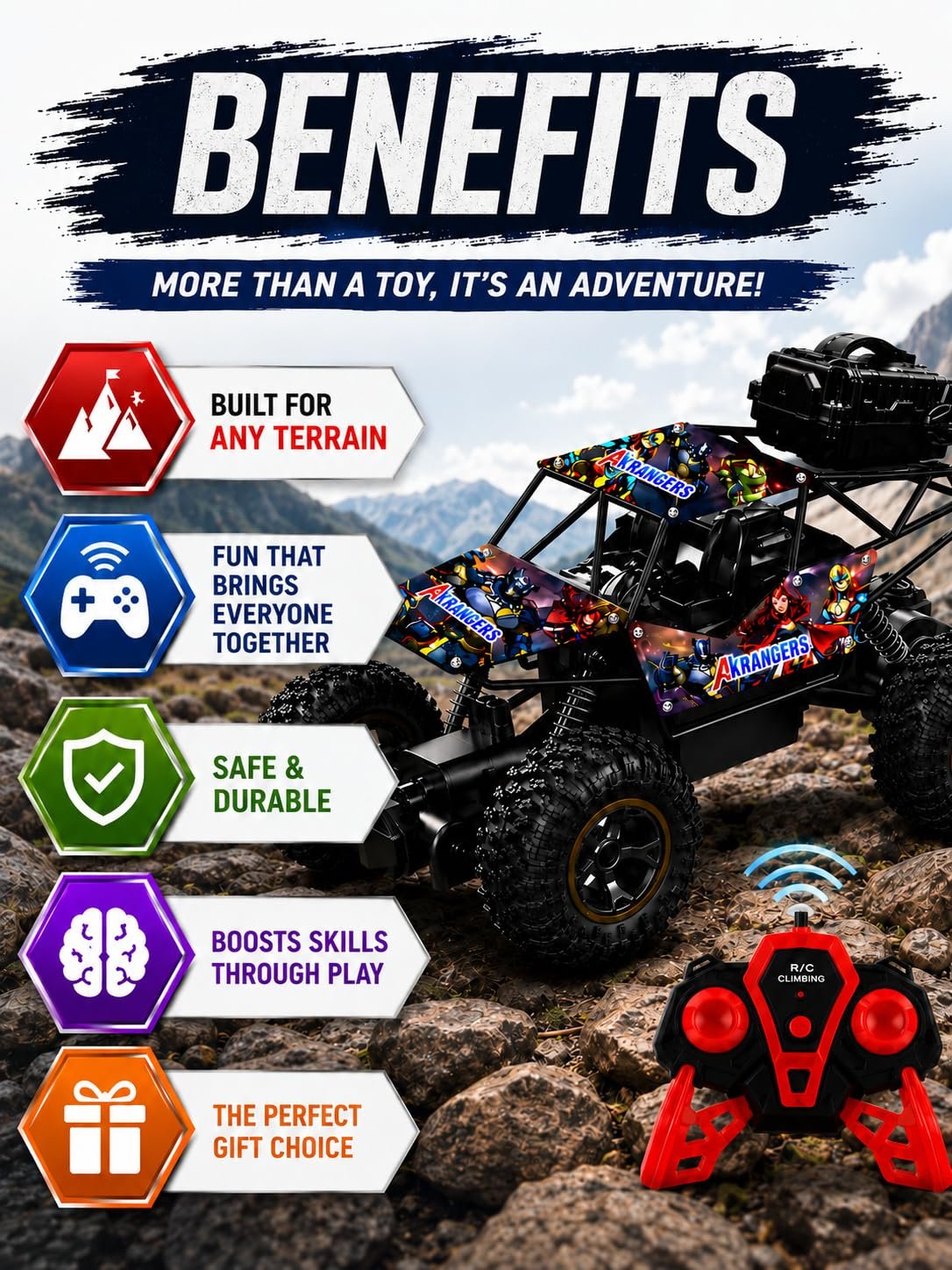 Braintastic Rechargeable Remote Control Rock Crawler Car with Mist Smoke,Monster Truck with Spray for Kids, RC High Speed 4x4 Off-Road Car (Printed)
