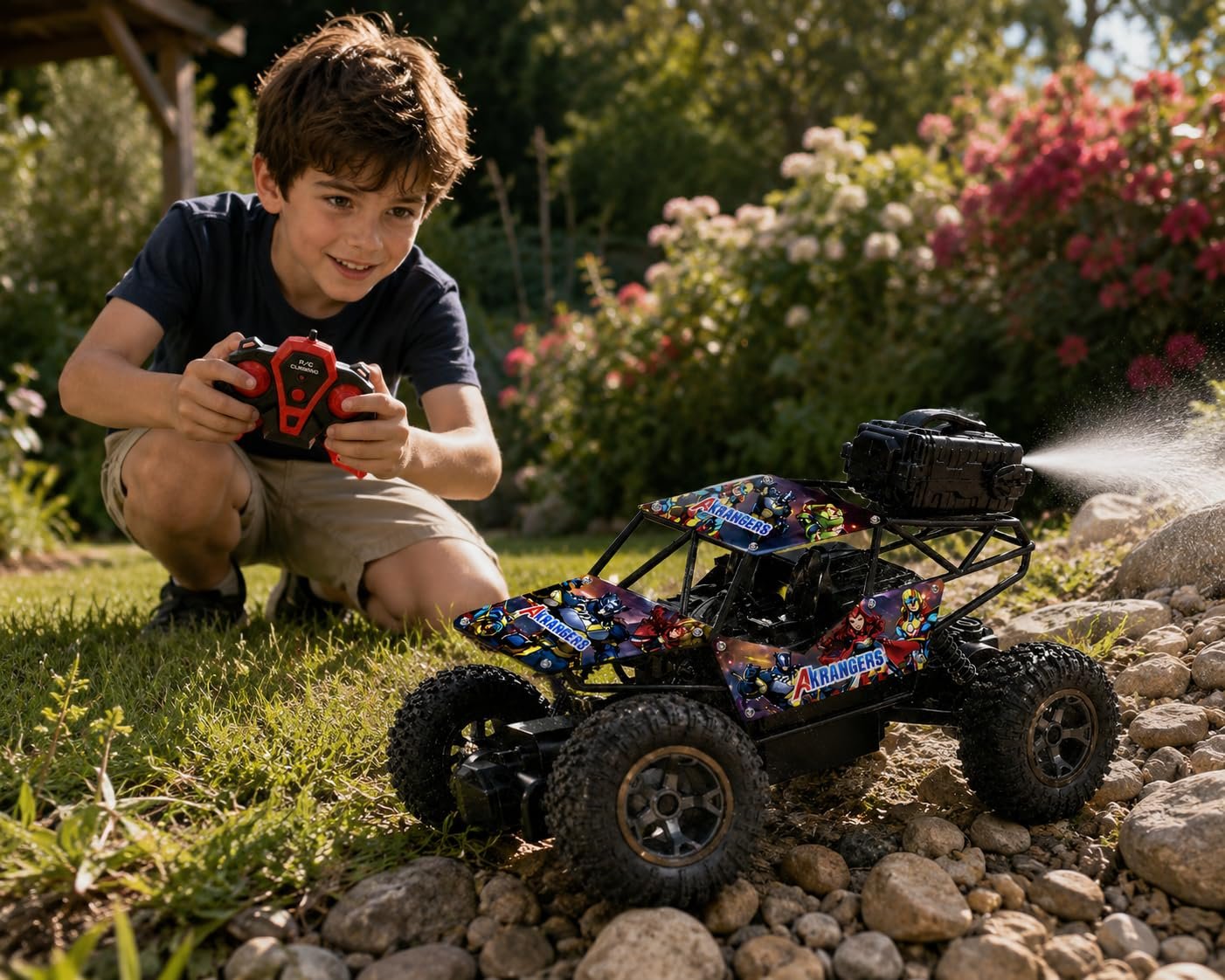 Braintastic Rechargeable Remote Control Rock Crawler Car with Mist Smoke,Monster Truck with Spray for Kids, RC High Speed 4x4 Off-Road Car (Printed)