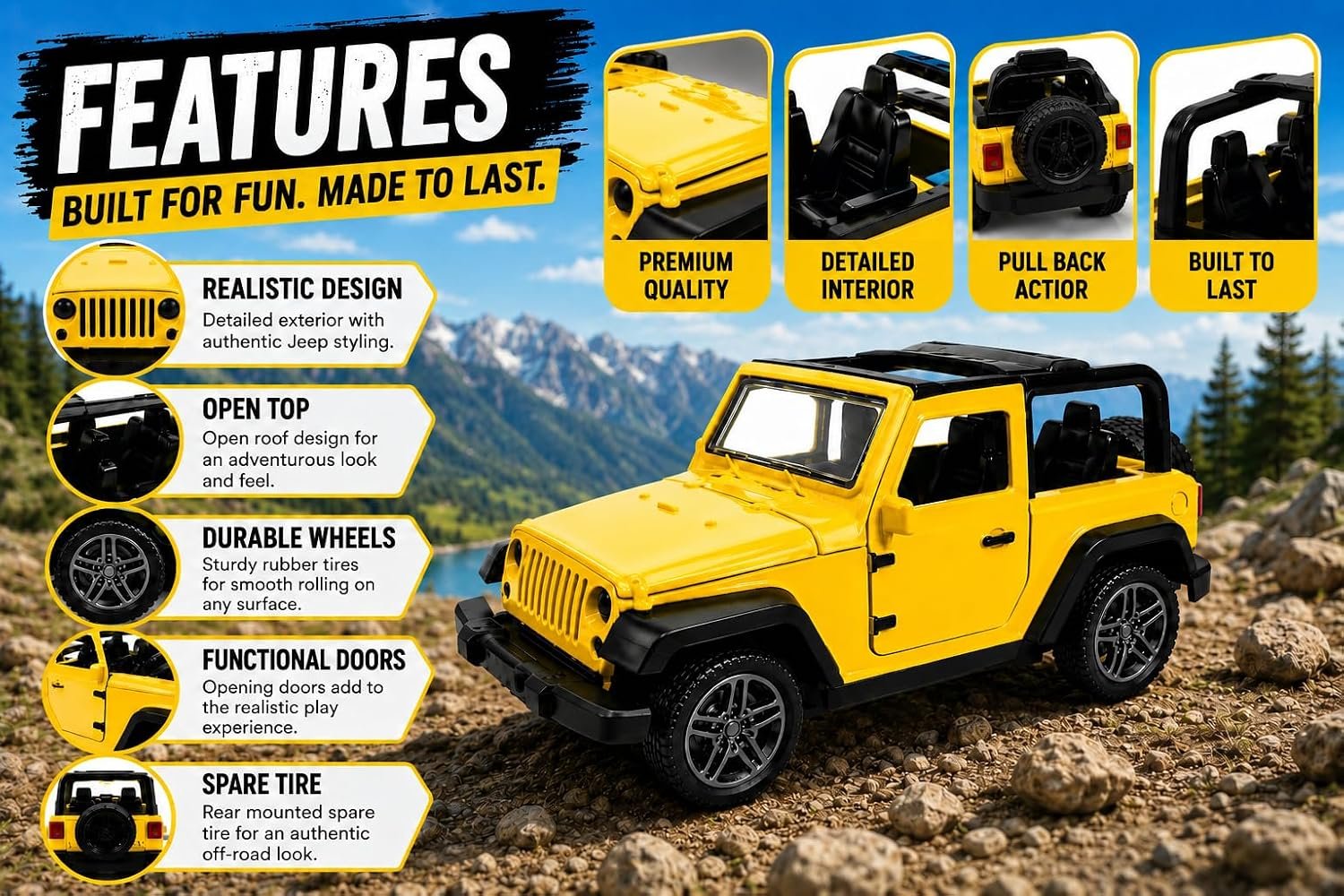 Braintastic Model Diecast Car Toy Vehicle Pull Back Friction with Openable Doors Light & Music Toys for Kids Age 3+ Years (Thar Jeep Small Yellow)