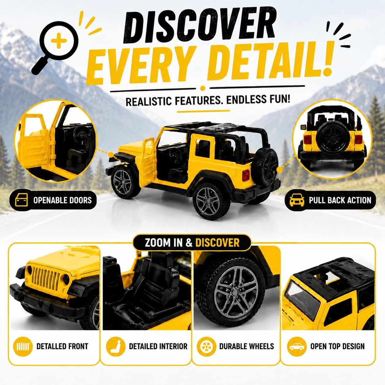 Braintastic Model Diecast Car Toy Vehicle Pull Back Friction with Openable Doors Light & Music Toys for Kids Age 3+ Years (Thar Jeep Small Yellow)