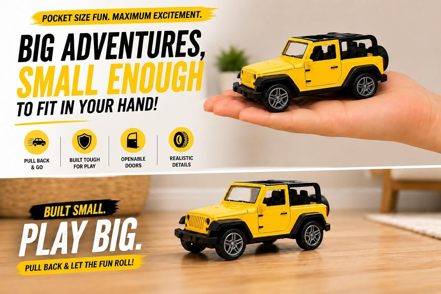 Braintastic Model Diecast Car Toy Vehicle Pull Back Friction with Openable Doors Light & Music Toys for Kids Age 3+ Years (Thar Jeep Small Yellow)