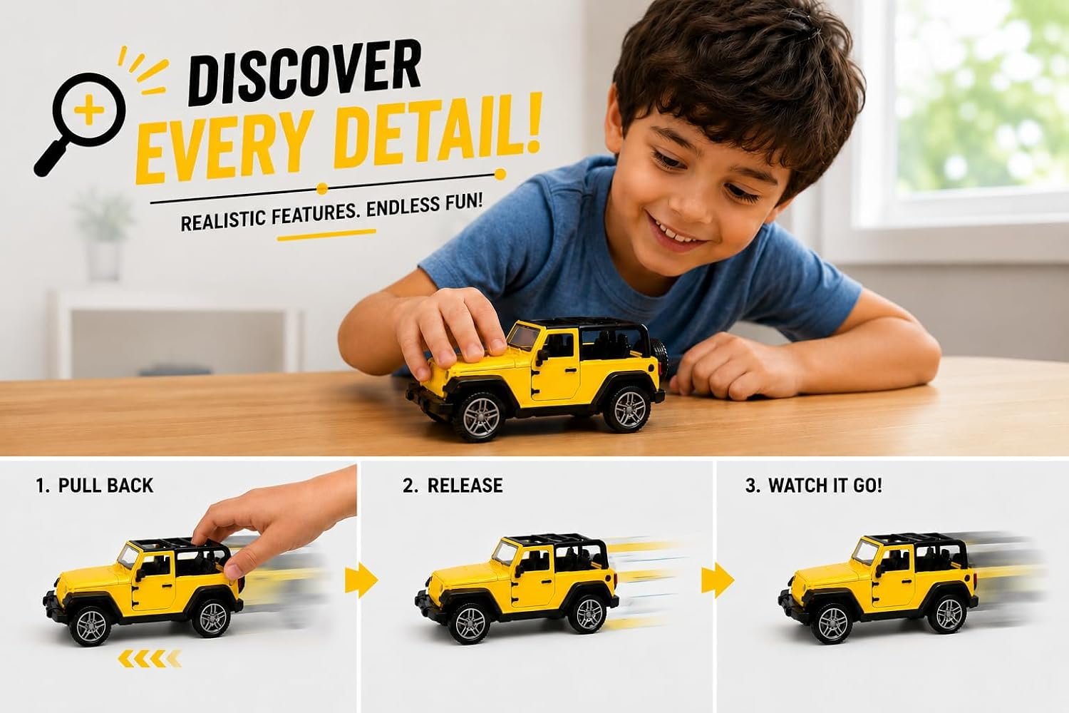 Braintastic Model Diecast Car Toy Vehicle Pull Back Friction with Openable Doors Light & Music Toys for Kids Age 3+ Years (Thar Jeep Small Yellow)
