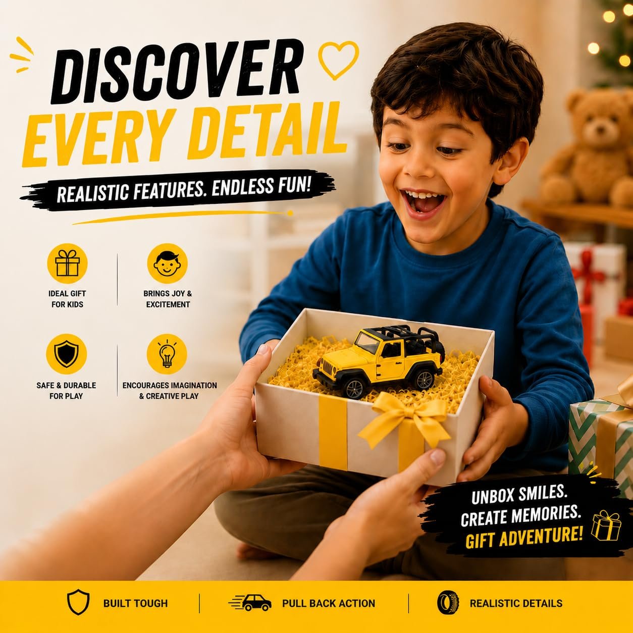 Braintastic Model Diecast Car Toy Vehicle Pull Back Friction with Openable Doors Light & Music Toys for Kids Age 3+ Years (Thar Jeep Small Yellow)