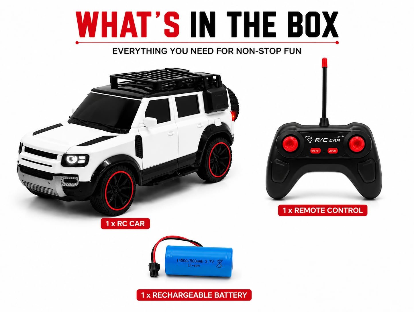 Braintastic RC Defender Remote Control Off-Road SUV Car for Kids, 2.4GHz Rechargeable RC Toy Car with LED Lights, Full Function, High-Speed Racing Vehicle for Boys & Girls Age 3+ (White)