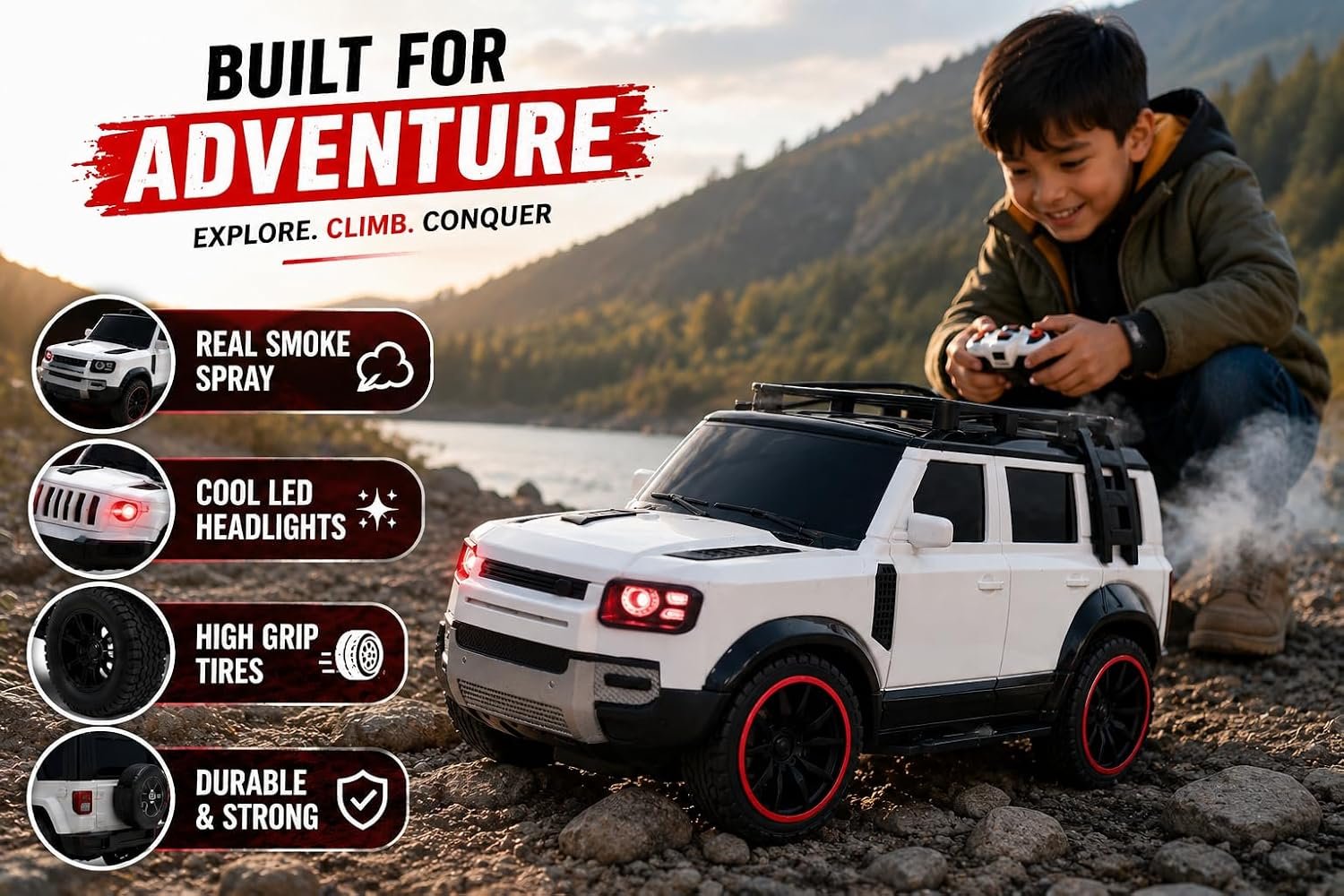 Braintastic RC Defender Remote Control Off-Road SUV Car for Kids, 2.4GHz Rechargeable RC Toy Car with LED Lights, Full Function, High-Speed Racing Vehicle for Boys & Girls Age 3+ (White)