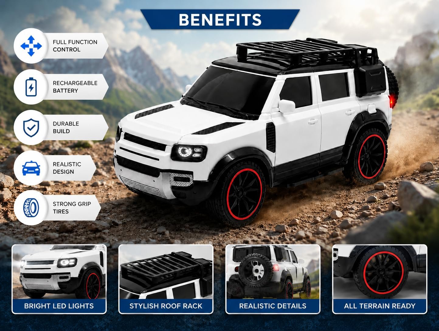 Braintastic RC Defender Remote Control Off-Road SUV Car for Kids, 2.4GHz Rechargeable RC Toy Car with LED Lights, Full Function, High-Speed Racing Vehicle for Boys & Girls Age 3+ (White)