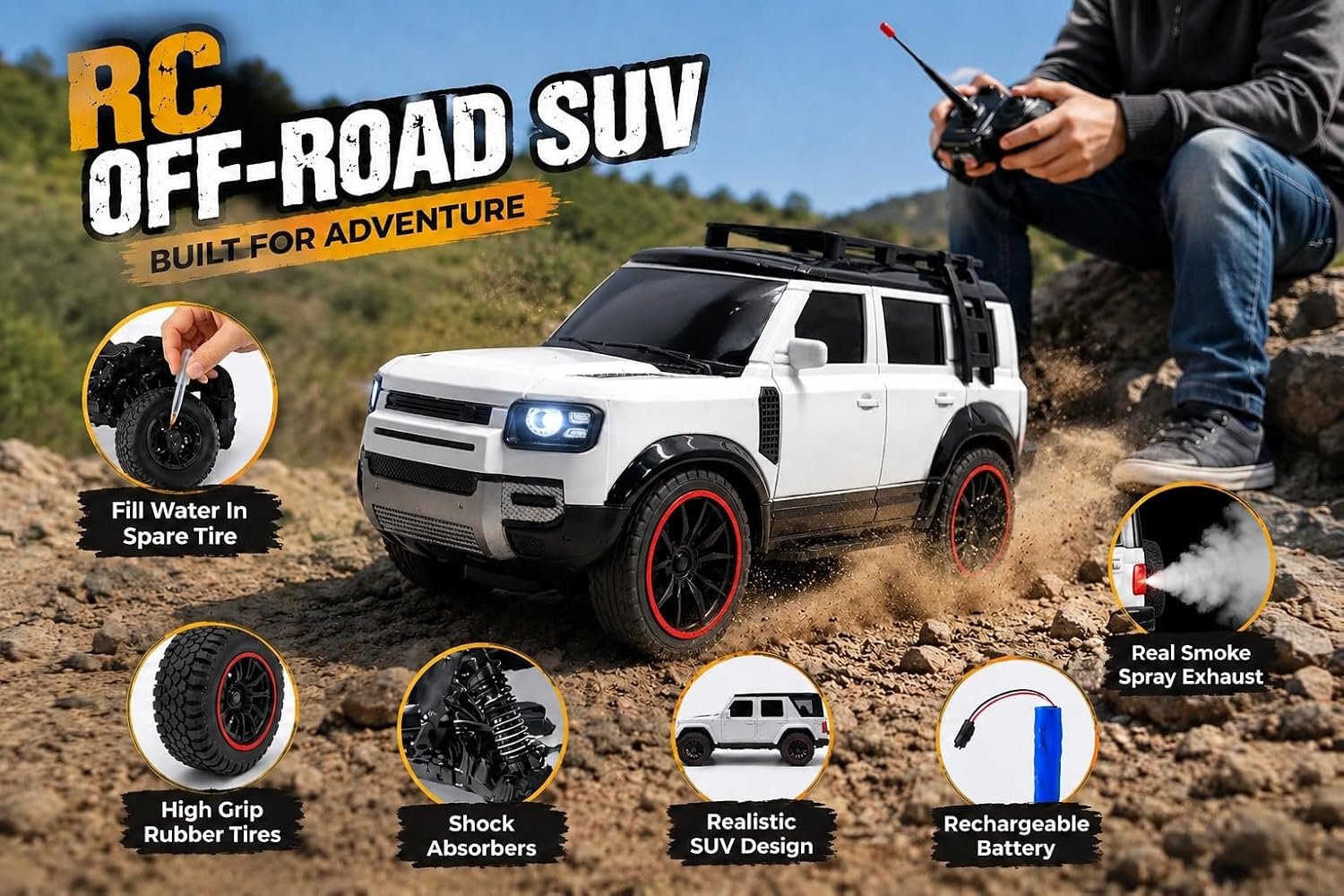 Braintastic RC Defender Remote Control Off-Road SUV Car for Kids, 2.4GHz Rechargeable RC Toy Car with LED Lights, Full Function, High-Speed Racing Vehicle for Boys & Girls Age 3+ (White)