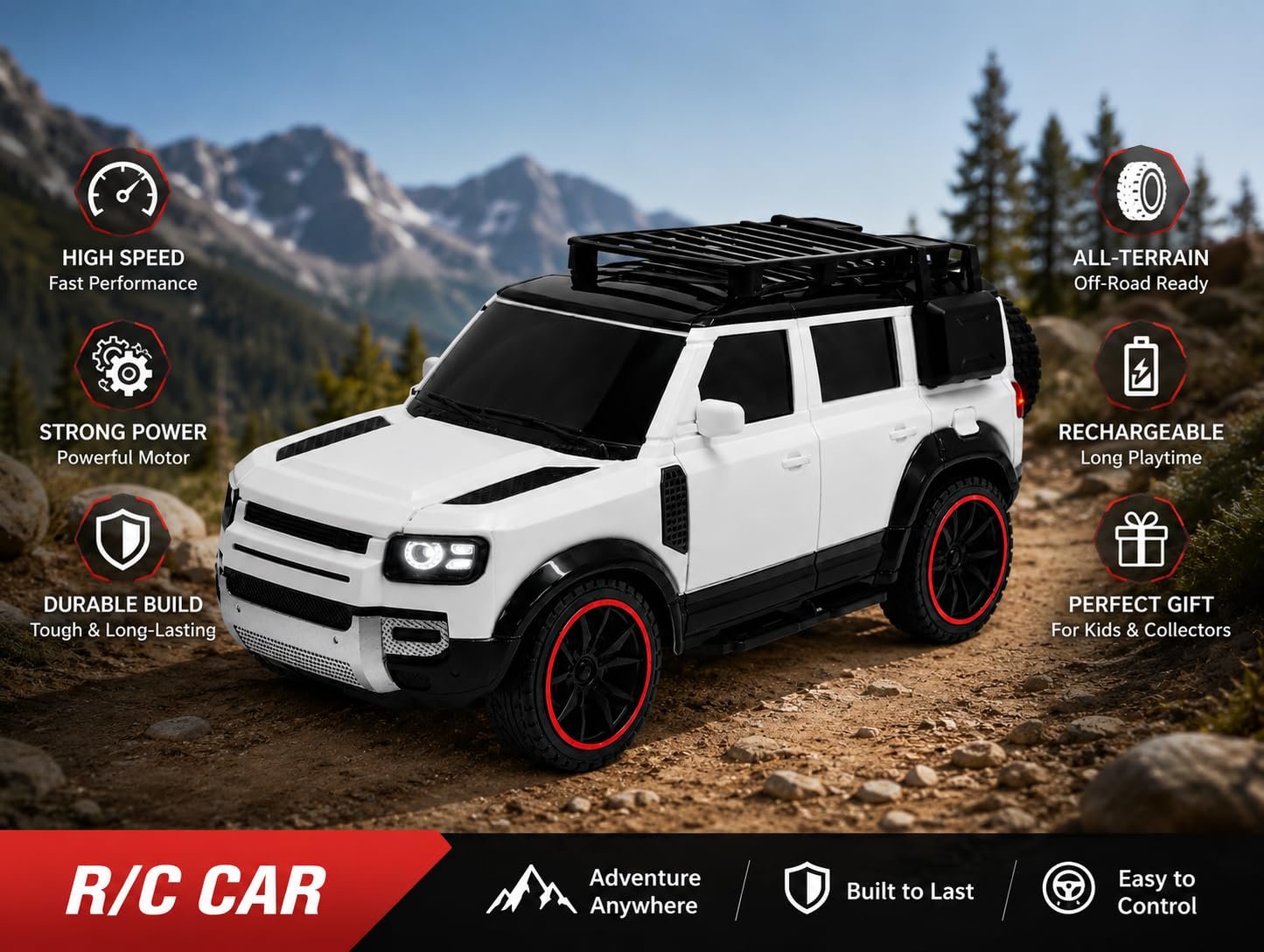 Braintastic RC Defender Remote Control Off-Road SUV Car for Kids, 2.4GHz Rechargeable RC Toy Car with LED Lights, Full Function, High-Speed Racing Vehicle for Boys & Girls Age 3+ (White)
