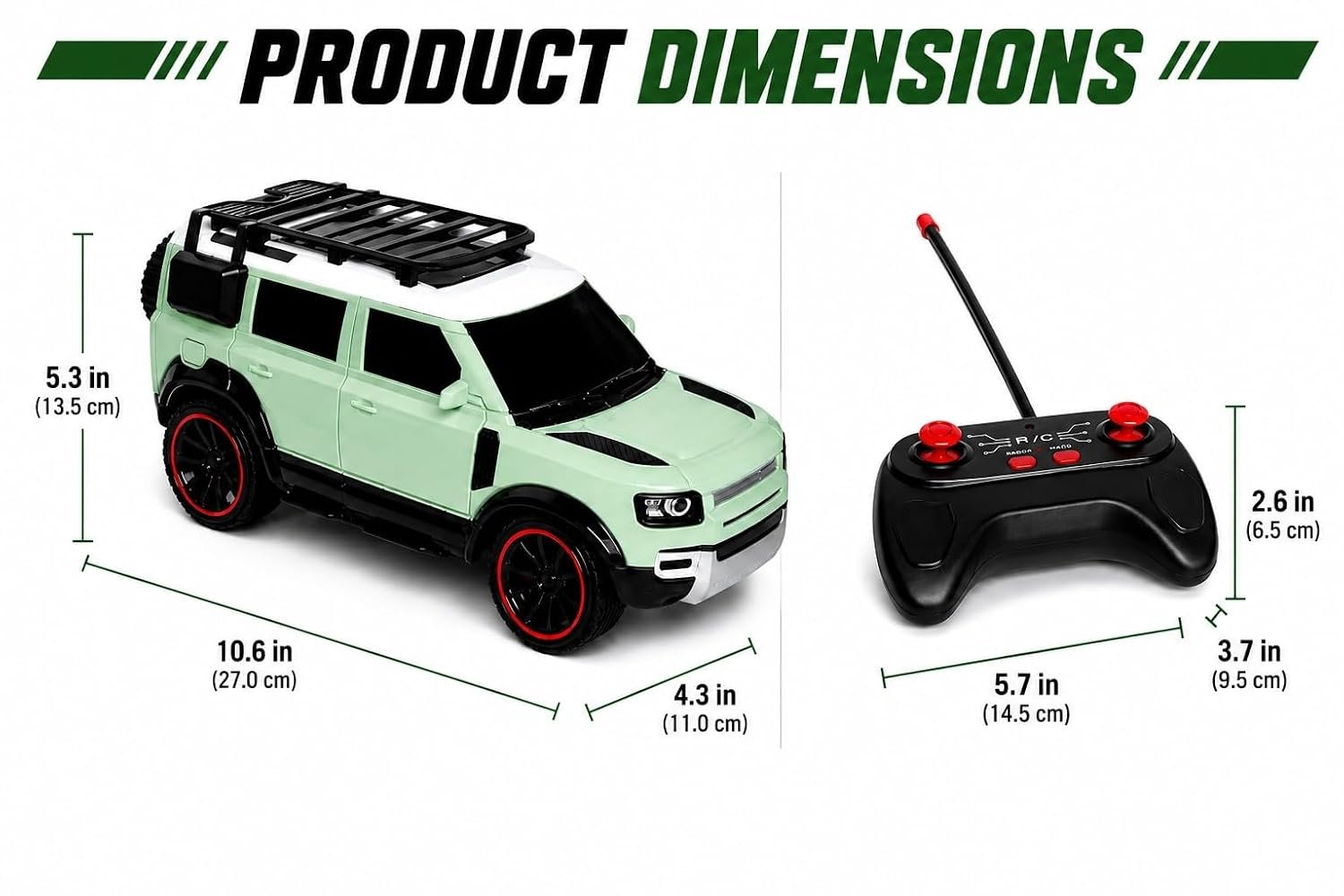 Braintastic RC Defender Remote Control Off-Road SUV Car for Kids, 2.4GHz Rechargeable RC Toy Car with LED Lights, Full Function, High-Speed Racing Vehicle for Boys & Girls Age 3+ (Green)