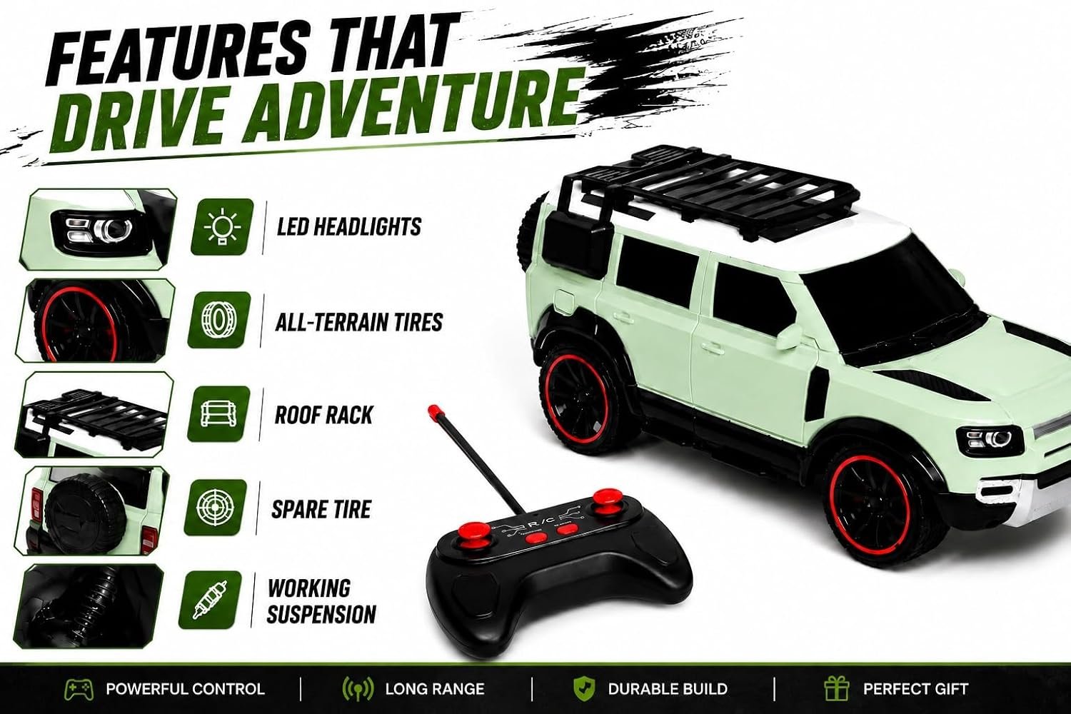Braintastic RC Defender Remote Control Off-Road SUV Car for Kids, 2.4GHz Rechargeable RC Toy Car with LED Lights, Full Function, High-Speed Racing Vehicle for Boys & Girls Age 3+ (Green)