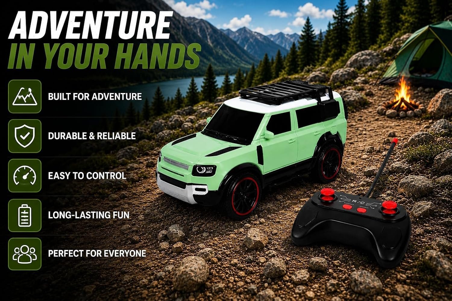 Braintastic RC Defender Remote Control Off-Road SUV Car for Kids, 2.4GHz Rechargeable RC Toy Car with LED Lights, Full Function, High-Speed Racing Vehicle for Boys & Girls Age 3+ (Green)