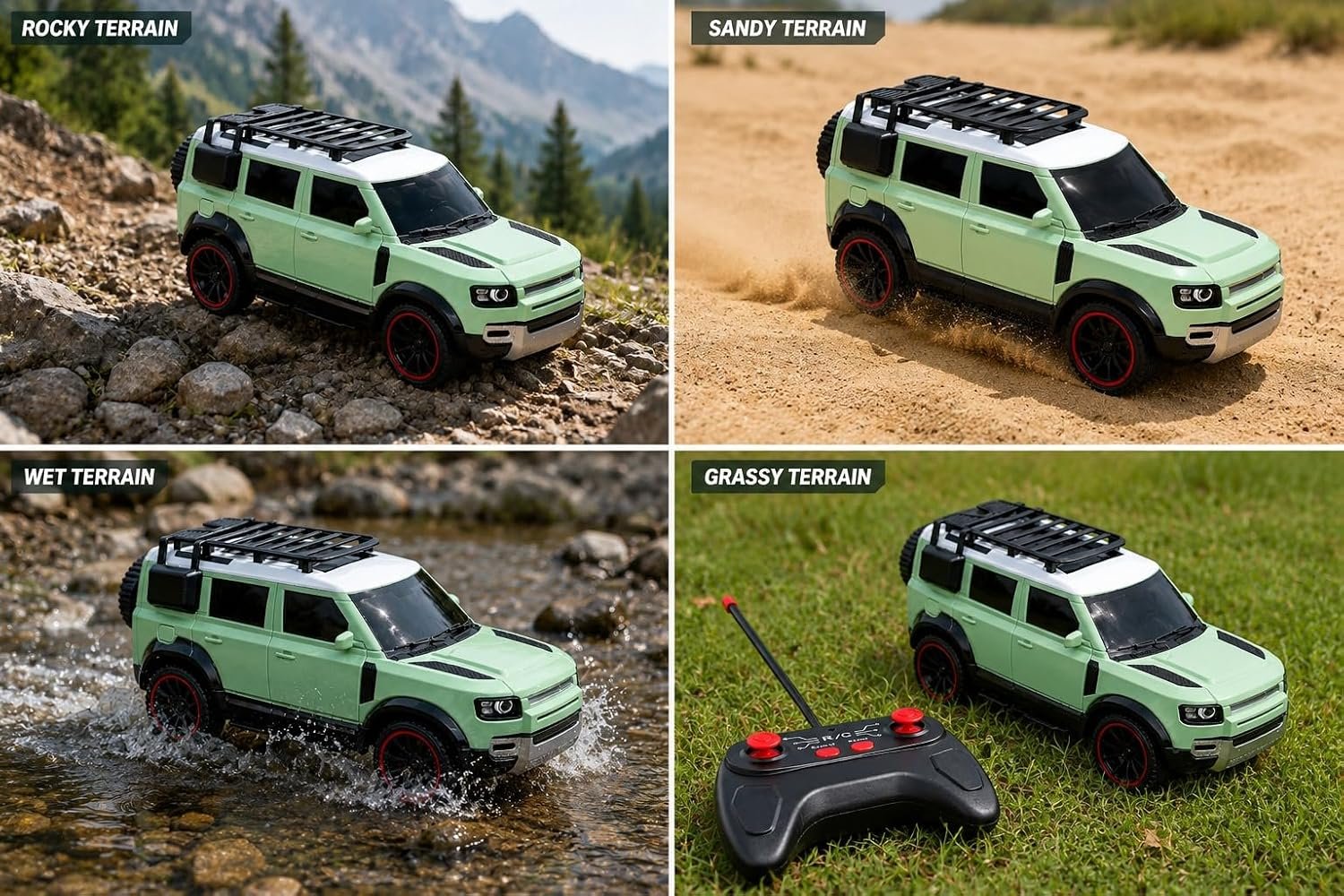 Braintastic RC Defender Remote Control Off-Road SUV Car for Kids, 2.4GHz Rechargeable RC Toy Car with LED Lights, Full Function, High-Speed Racing Vehicle for Boys & Girls Age 3+ (Green)