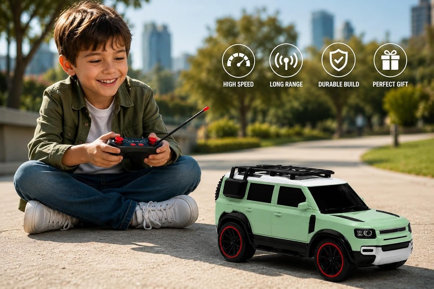 Braintastic RC Defender Remote Control Off-Road SUV Car for Kids, 2.4GHz Rechargeable RC Toy Car with LED Lights, Full Function, High-Speed Racing Vehicle for Boys & Girls Age 3+ (Green)