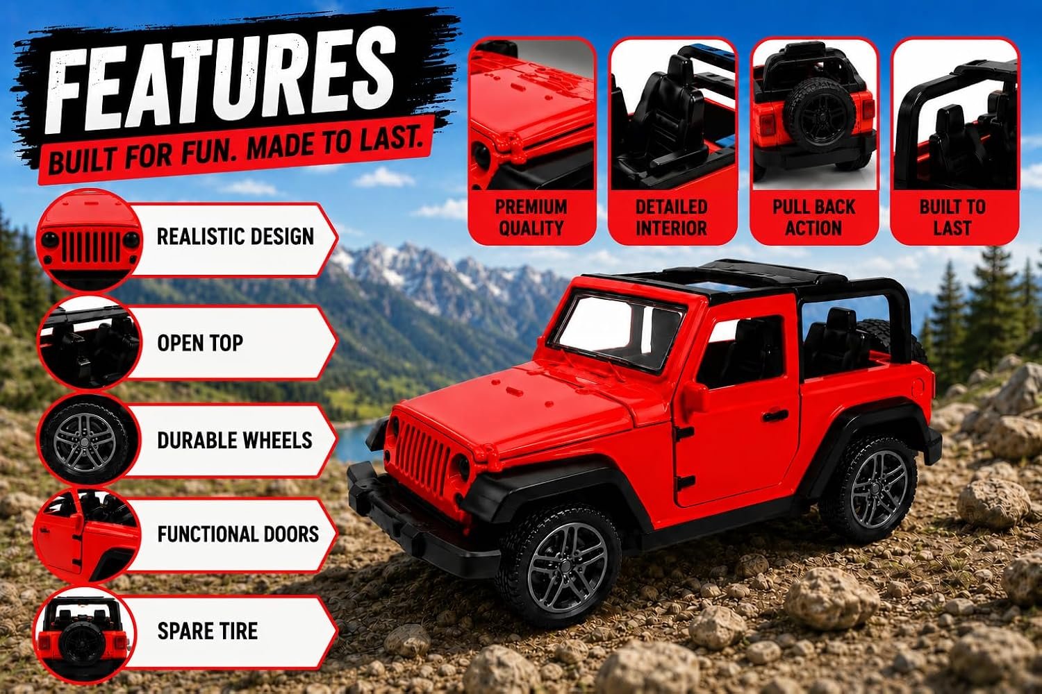 Braintastic Model Diecast Car Toy Vehicle Pull Back Friction with Openable Doors Light & Music Toys for Kids Age 3+ Years (Thar Jeep Small Red)