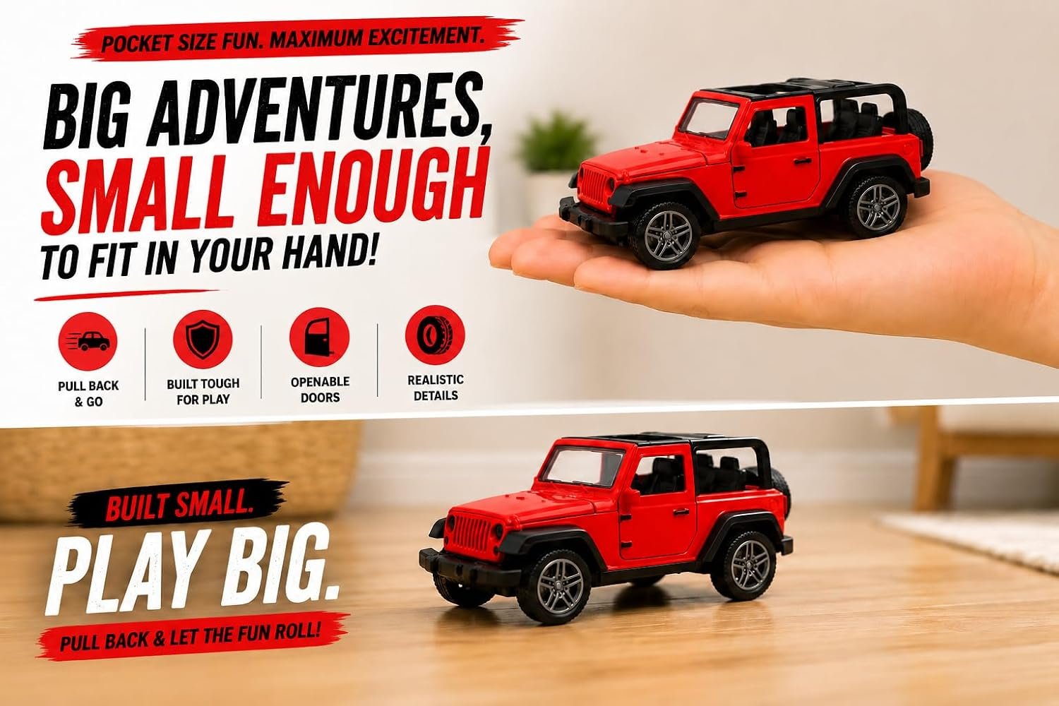 Braintastic Model Diecast Car Toy Vehicle Pull Back Friction with Openable Doors Light & Music Toys for Kids Age 3+ Years (Thar Jeep Small Red)