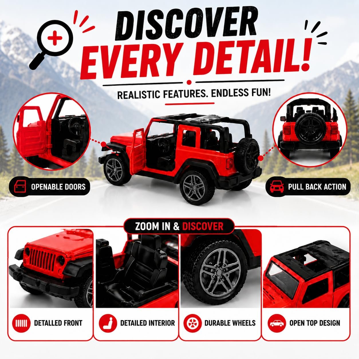 Braintastic Model Diecast Car Toy Vehicle Pull Back Friction with Openable Doors Light & Music Toys for Kids Age 3+ Years (Thar Jeep Small Red)