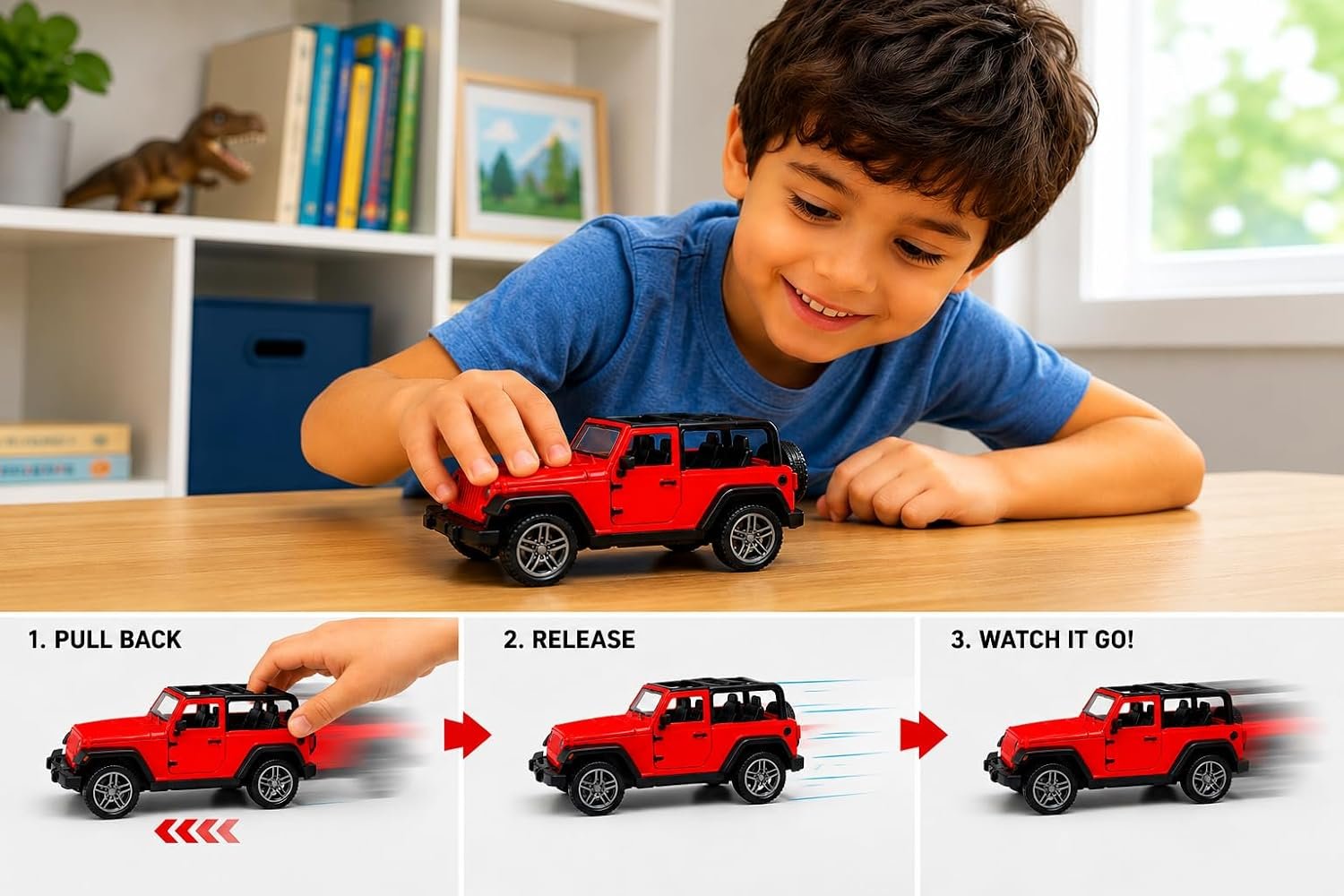 Braintastic Model Diecast Car Toy Vehicle Pull Back Friction with Openable Doors Light & Music Toys for Kids Age 3+ Years (Thar Jeep Small Red)