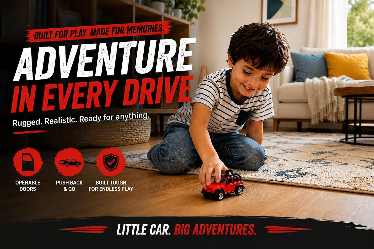 Braintastic Model Diecast Car Toy Vehicle Pull Back Friction with Openable Doors Light & Music Toys for Kids Age 3+ Years (Thar Jeep Small Red)