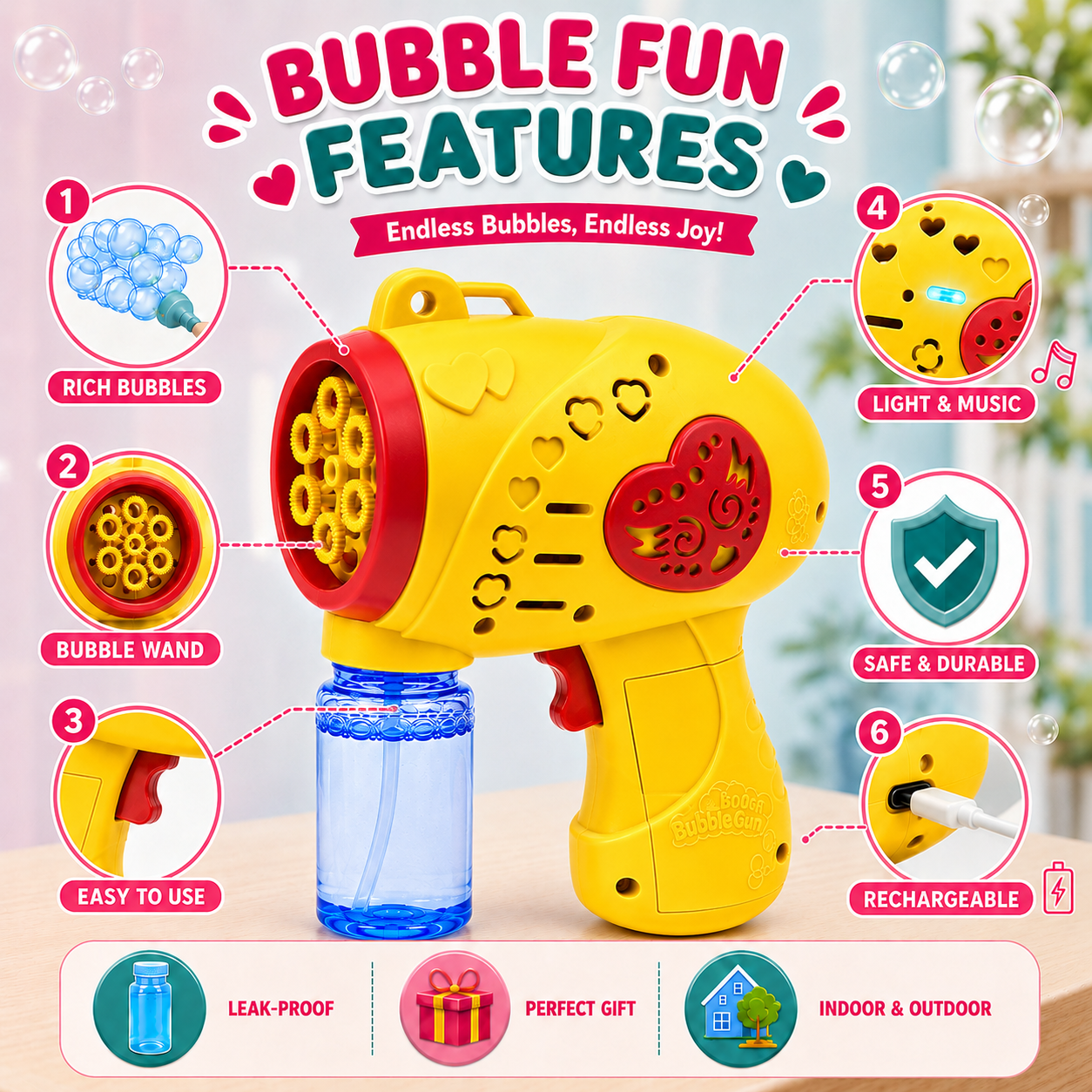 Braintastic Electric Bubble Gun for Kids | USB Rechargeable Automatic Bubble Maker with Bubble Solution & Charging Cable | Summer Outdoor Toy for Boys & Girls Age 3+