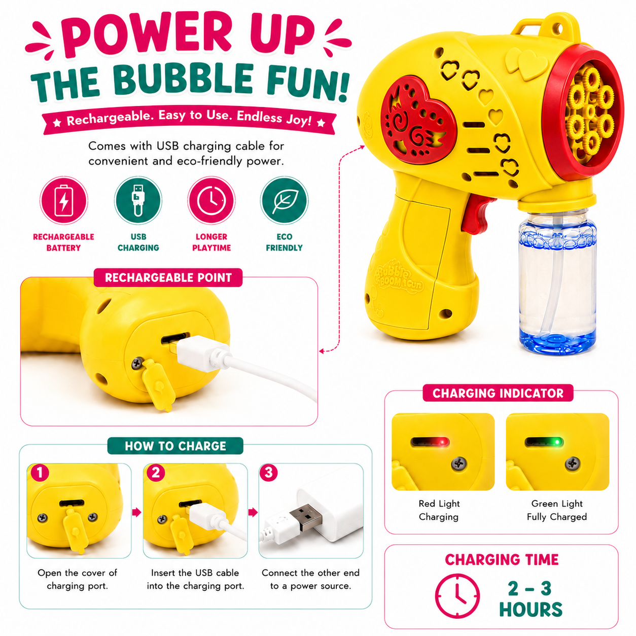 Braintastic Electric Bubble Gun for Kids | USB Rechargeable Automatic Bubble Maker with Bubble Solution & Charging Cable | Summer Outdoor Toy for Boys & Girls Age 3+