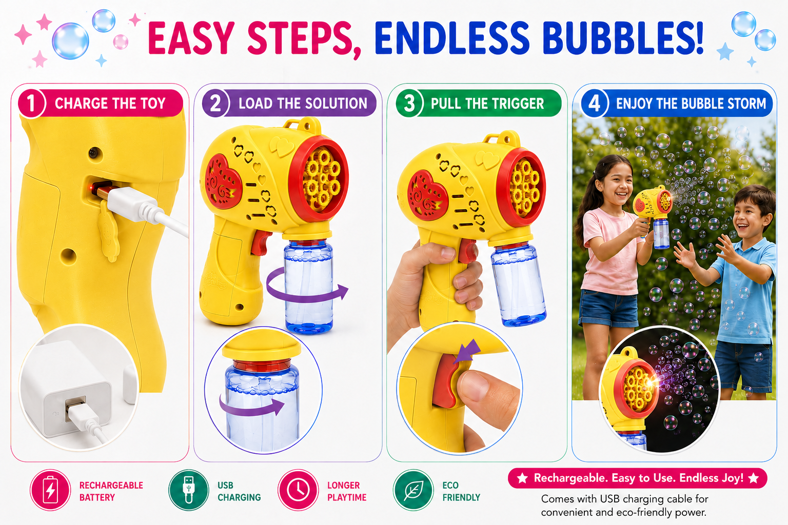 Braintastic Electric Bubble Gun for Kids | USB Rechargeable Automatic Bubble Maker with Bubble Solution & Charging Cable | Summer Outdoor Toy for Boys & Girls Age 3+