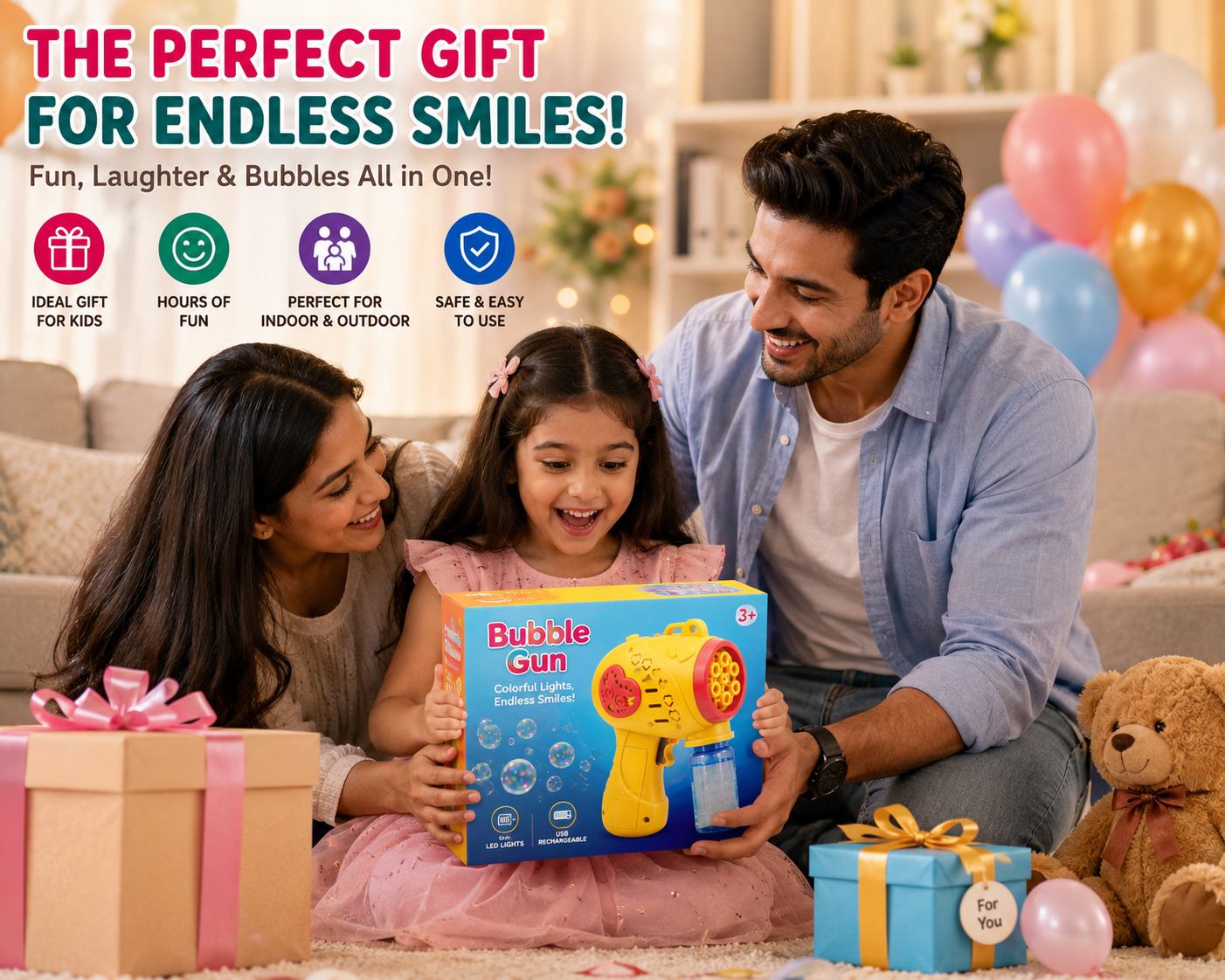 Braintastic Electric Bubble Gun for Kids | USB Rechargeable Automatic Bubble Maker with Bubble Solution & Charging Cable | Summer Outdoor Toy for Boys & Girls Age 3+