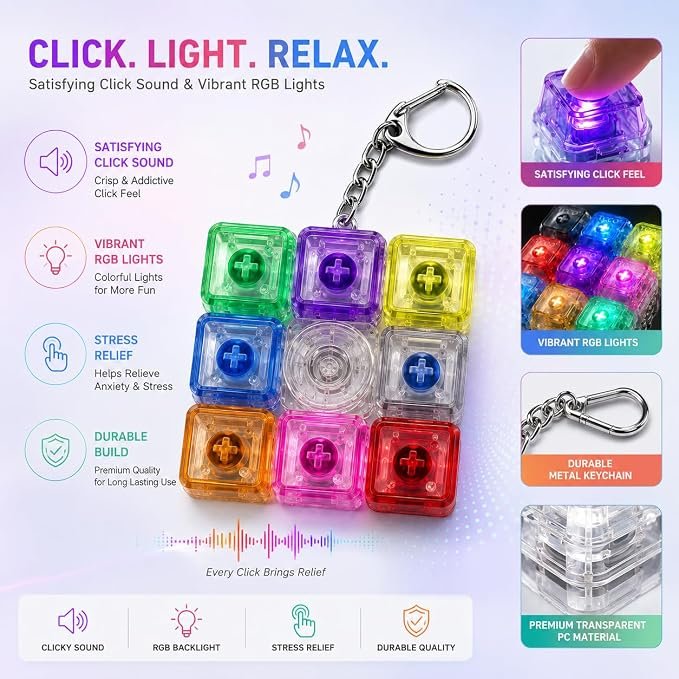 Braintastic Colorful Clicker Toy with LED Light & Keyboard Keychain | Portable Sensory Button Pad for Stress Relief, Focus & Relaxation (Square)