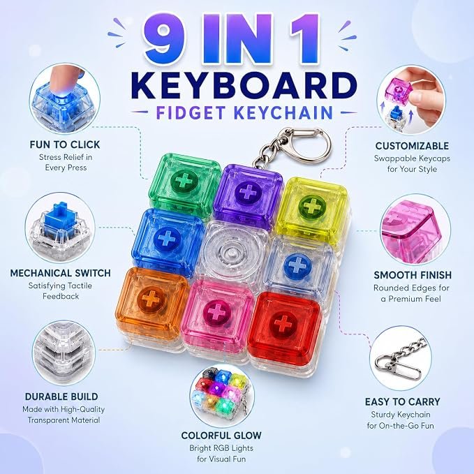 Braintastic Colorful Clicker Toy with LED Light & Keyboard Keychain | Portable Sensory Button Pad for Stress Relief, Focus & Relaxation (Square)