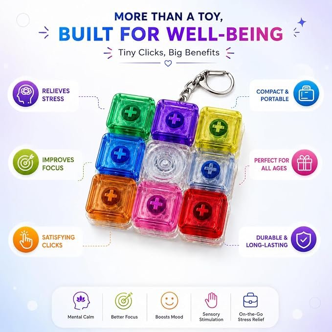 Braintastic Colorful Clicker Toy with LED Light & Keyboard Keychain | Portable Sensory Button Pad for Stress Relief, Focus & Relaxation (Square)