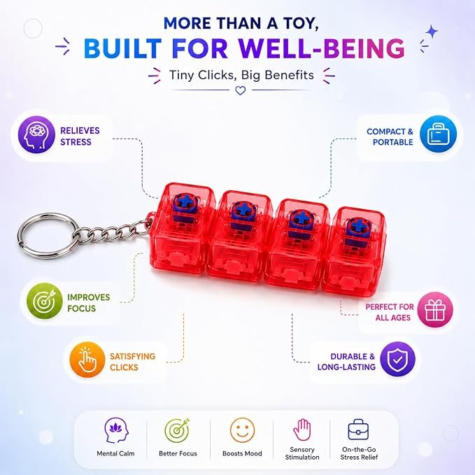 Braintastic Colorful Clicker Toy with LED Light & Keyboard Keychain | Portable Sensory Button Pad for Stress Relief, Focus & Relaxation (Rectangular)