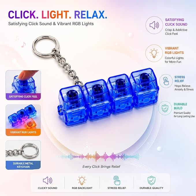 Braintastic Colorful Clicker Toy with LED Light & Keyboard Keychain | Portable Sensory Button Pad for Stress Relief, Focus & Relaxation (Rectangular)