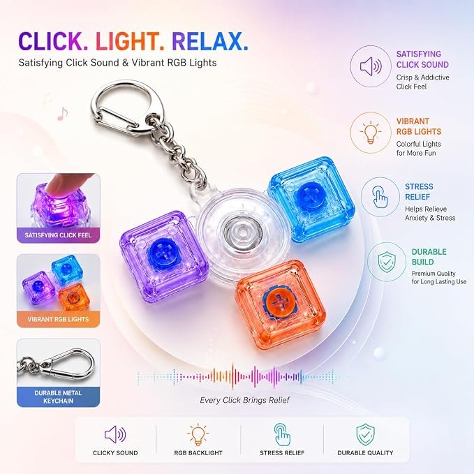 Braintastic Colorful Clicker Toy with LED Light & Keyboard Keychain | Portable Sensory Button Pad for Stress Relief, Focus & Relaxation (Triangular)