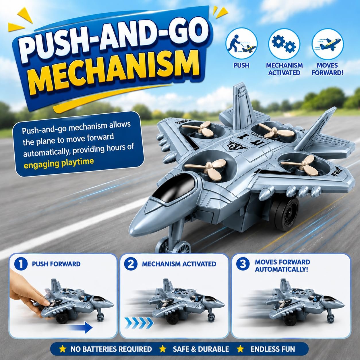 Braintastic 4-in-1 Fighter Jet Toy for Kids with Spinning Propellers, Friction Powered Aircraft, LED Lights & Sound, Military Airplane Toy with Landing Wheels, Gift for Boys & Girls Age 3+ Years
