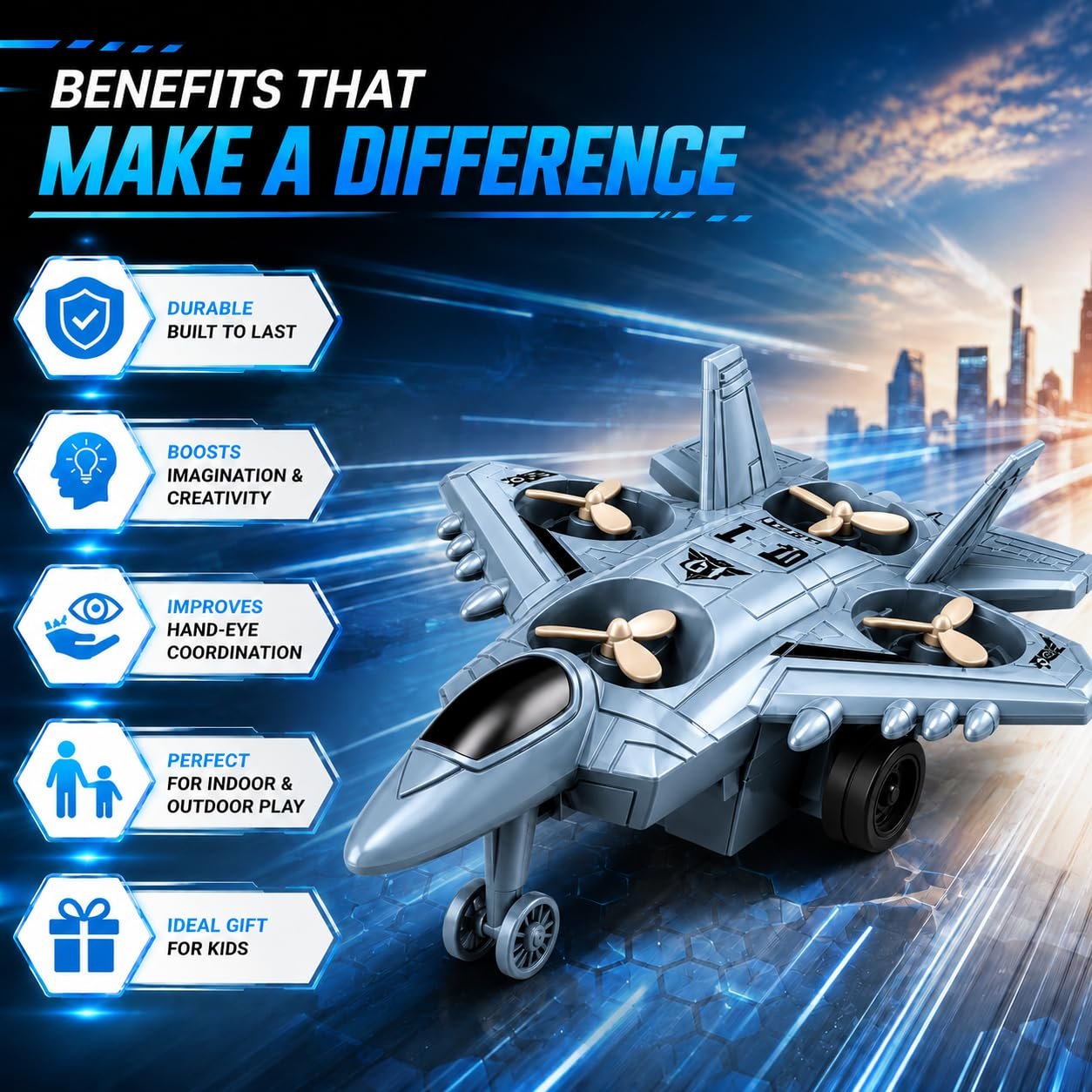 Braintastic 4-in-1 Fighter Jet Toy for Kids with Spinning Propellers, Friction Powered Aircraft, LED Lights & Sound, Military Airplane Toy with Landing Wheels, Gift for Boys & Girls Age 3+ Years