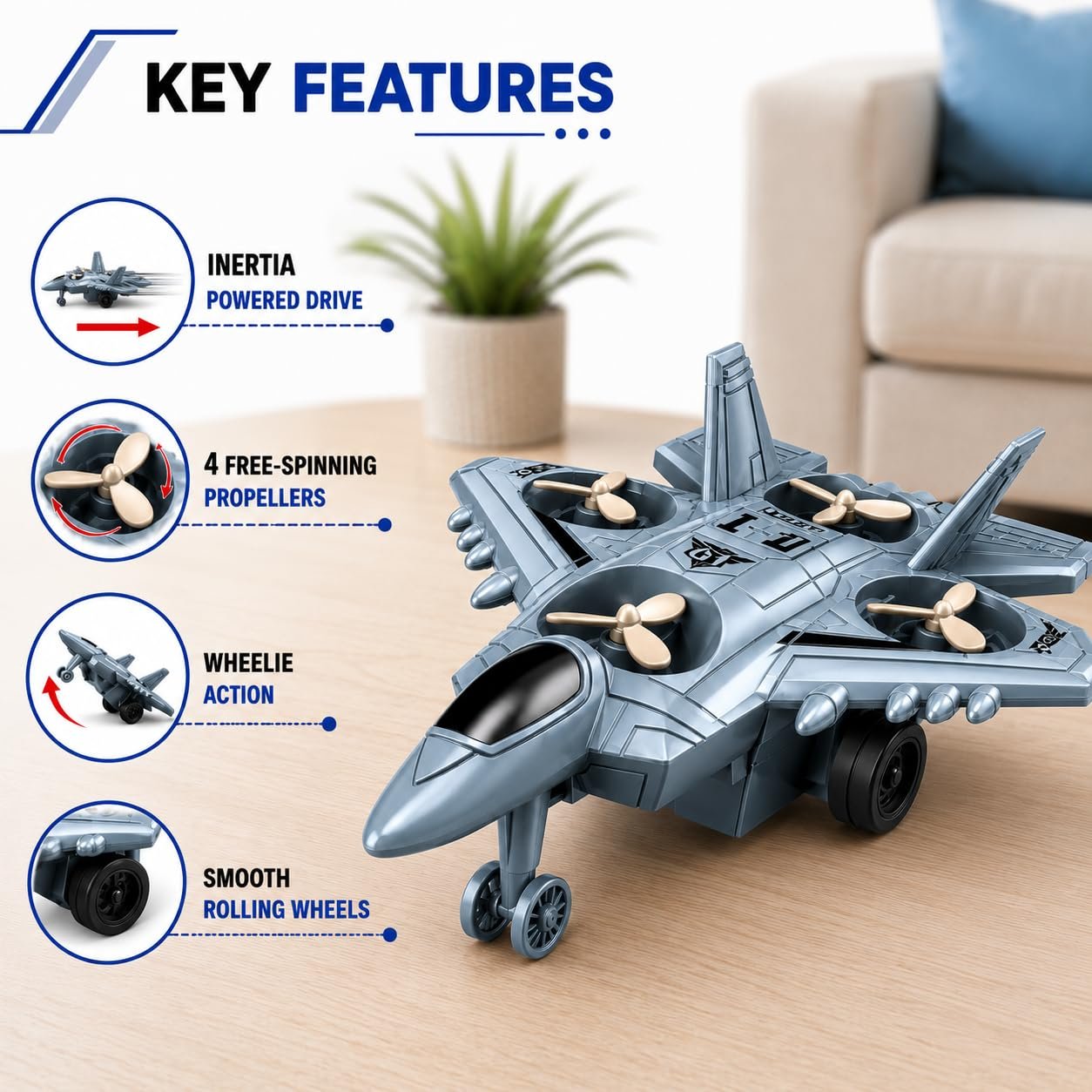 Braintastic 4-in-1 Fighter Jet Toy for Kids with Spinning Propellers, Friction Powered Aircraft, LED Lights & Sound, Military Airplane Toy with Landing Wheels, Gift for Boys & Girls Age 3+ Years