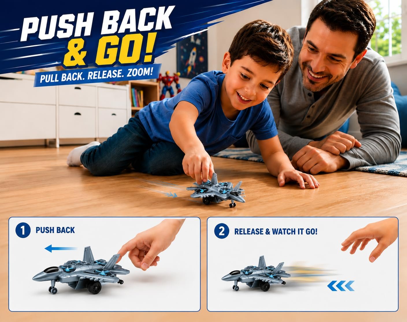 Braintastic 4-in-1 Fighter Jet Toy for Kids with Spinning Propellers, Friction Powered Aircraft, LED Lights & Sound, Military Airplane Toy with Landing Wheels, Gift for Boys & Girls Age 3+ Years